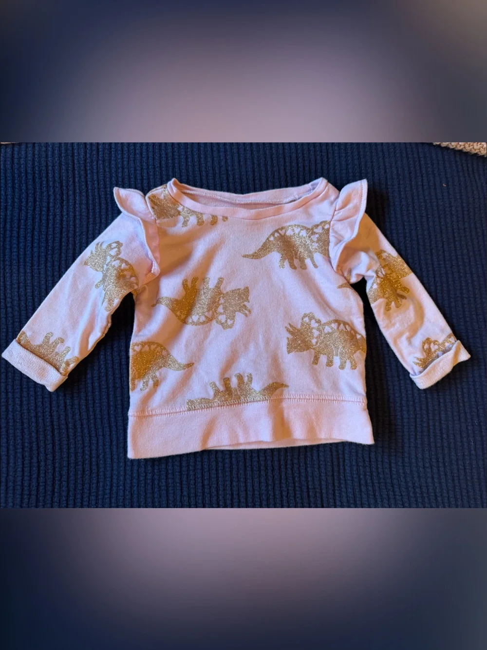 100% Cotton Infant 3 Month Girl's Pink Long-Sleeve Top with Gold Dinosaur Print